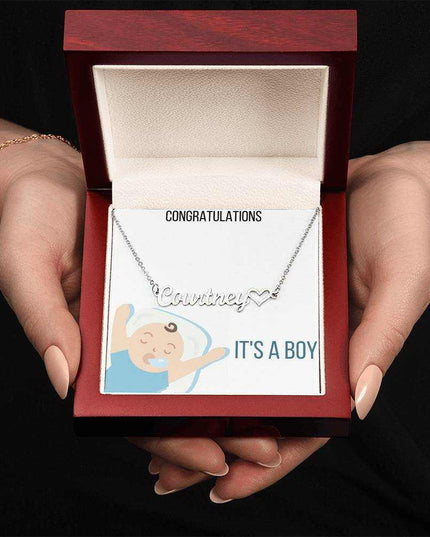 Name With Heart Necklace In Polished Stainless Steel and Mahogany Box