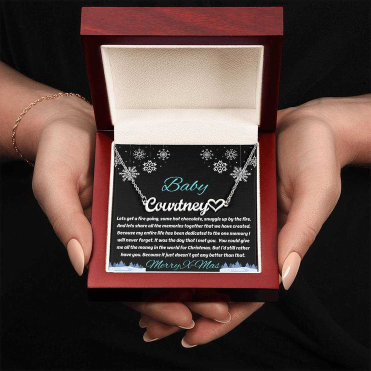 stainless-steel name heart necklace in luxury box up close