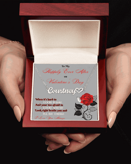 stainless steel name heart necklace in mahogany box