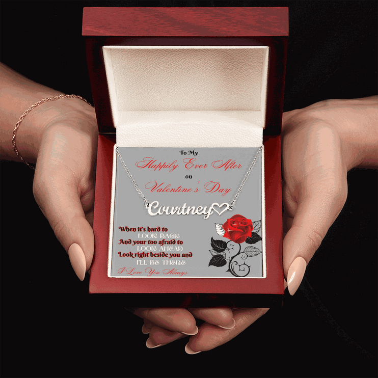 stainless steel name heart necklace in mahogany box