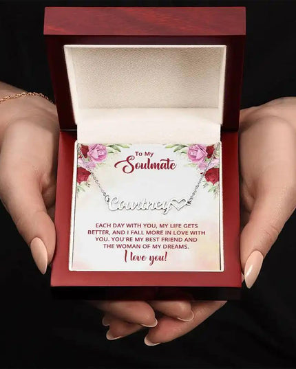Name Heart Necklace with a polished stainless-steel finish and in a mahogany box angle 2