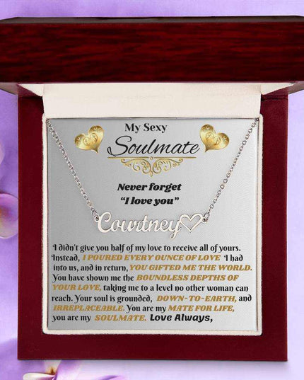polished stainless-steel name heart necklace in a luxury box