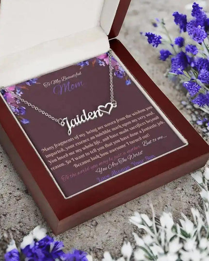 polished stainless-steel name heart necklace in mahogany box