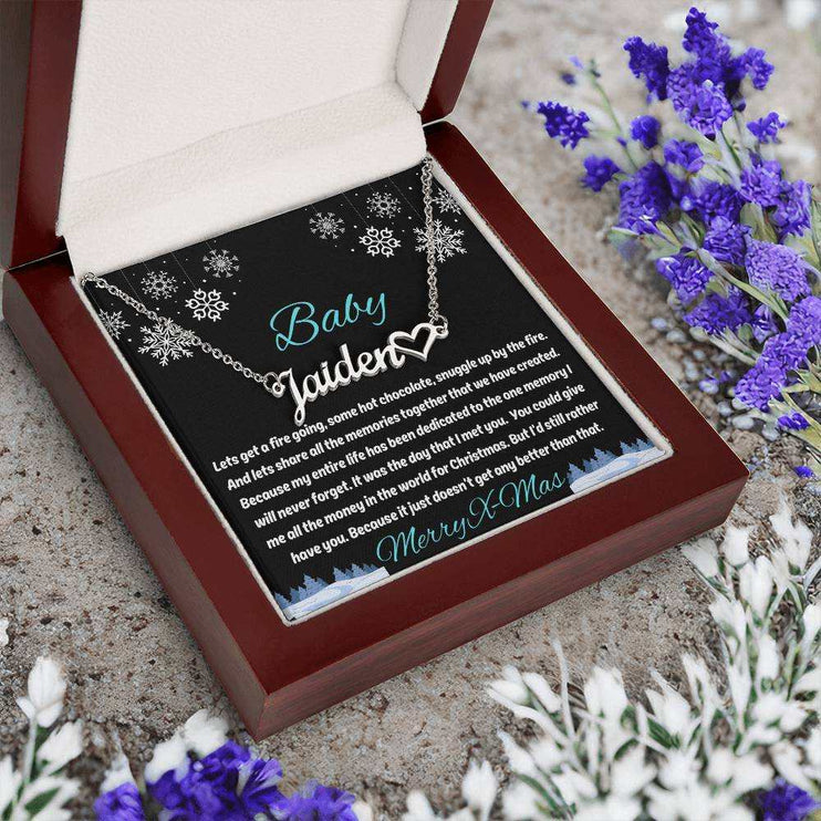stainless-steel name heart necklace in luxury box angled left