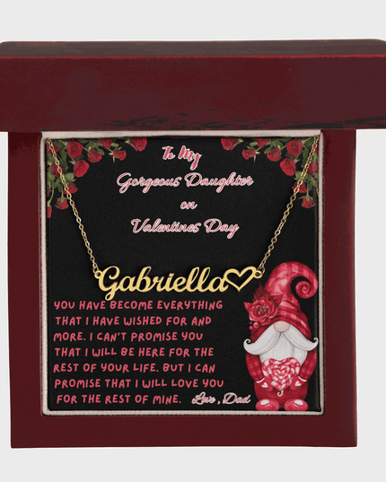 yellow gold name heart necklace in a luxury box up close