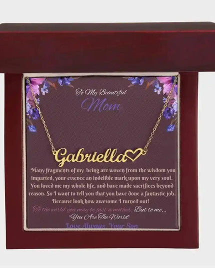 gold name heart necklace in mahogany box