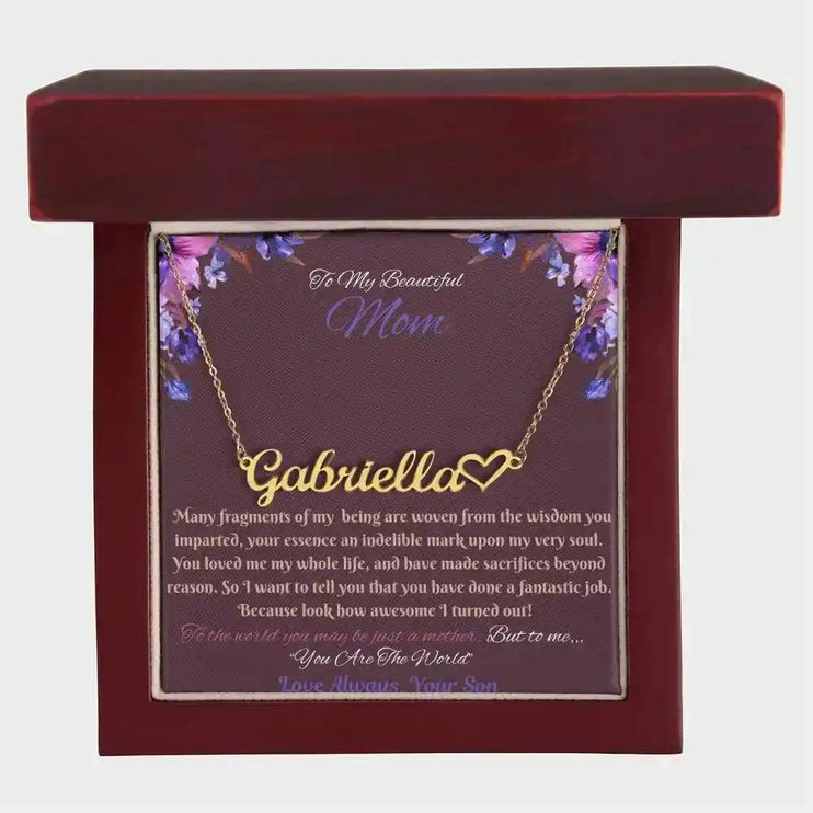 gold name heart necklace in mahogany box