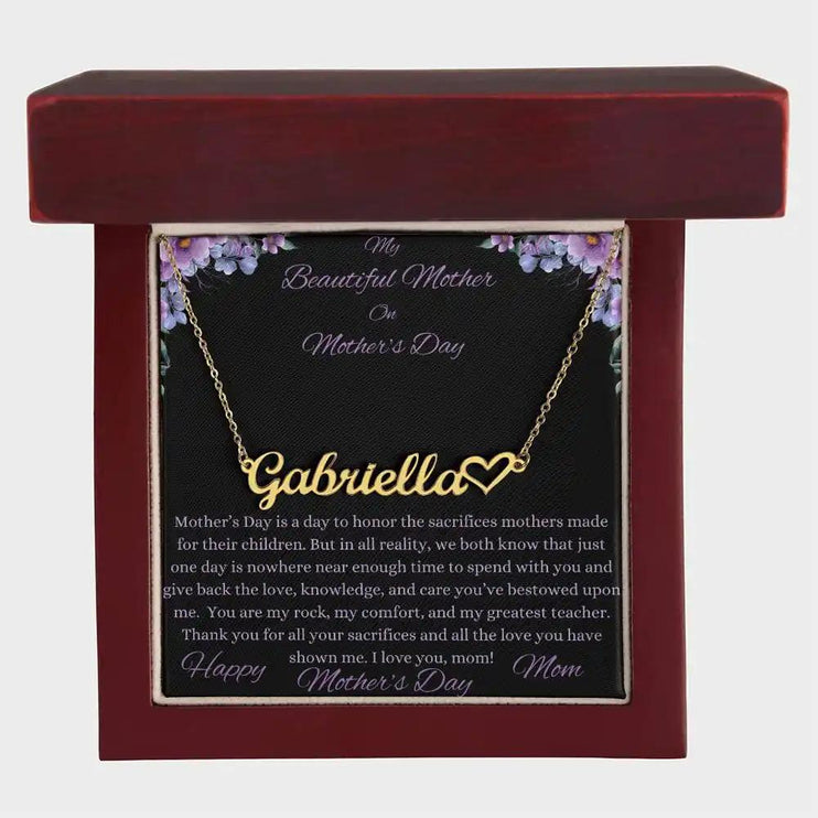 yellow gold name heart necklace in mahogany box