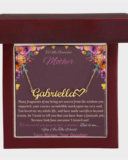 gold name heart necklace in mahogany box