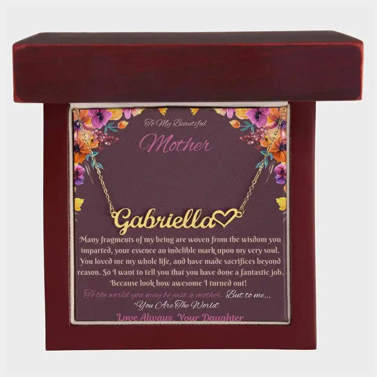 gold name heart necklace in mahogany box