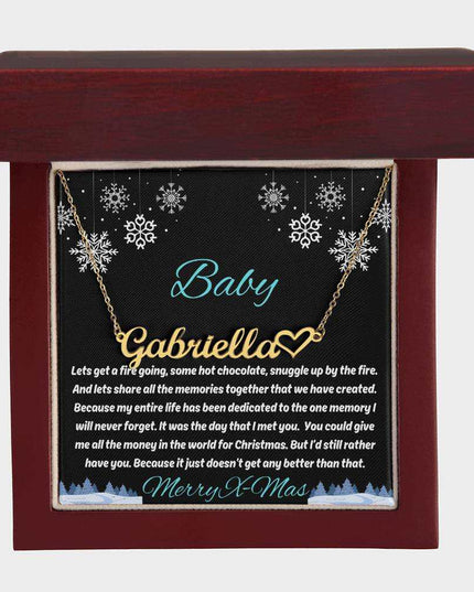 gold name heart necklace in luxury box up close