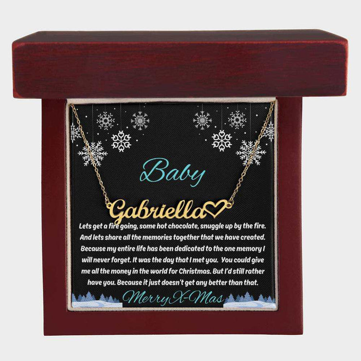 gold name heart necklace in luxury box up close