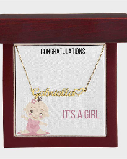 Name With Heart Necklace with yellow gold finish and mahogany box