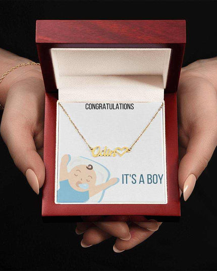 Name With Heart Necklace In Yellow Gold and Mahogany Box