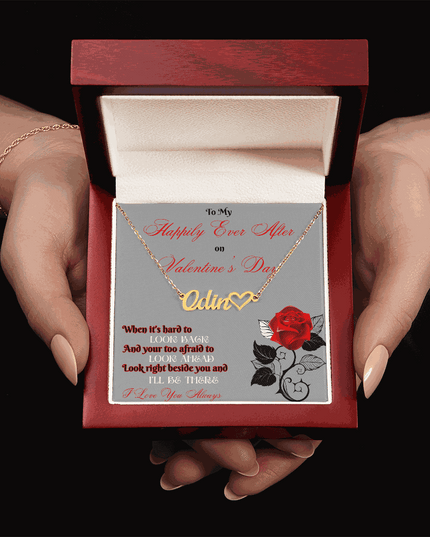 gold name heart necklace in mahogany box
