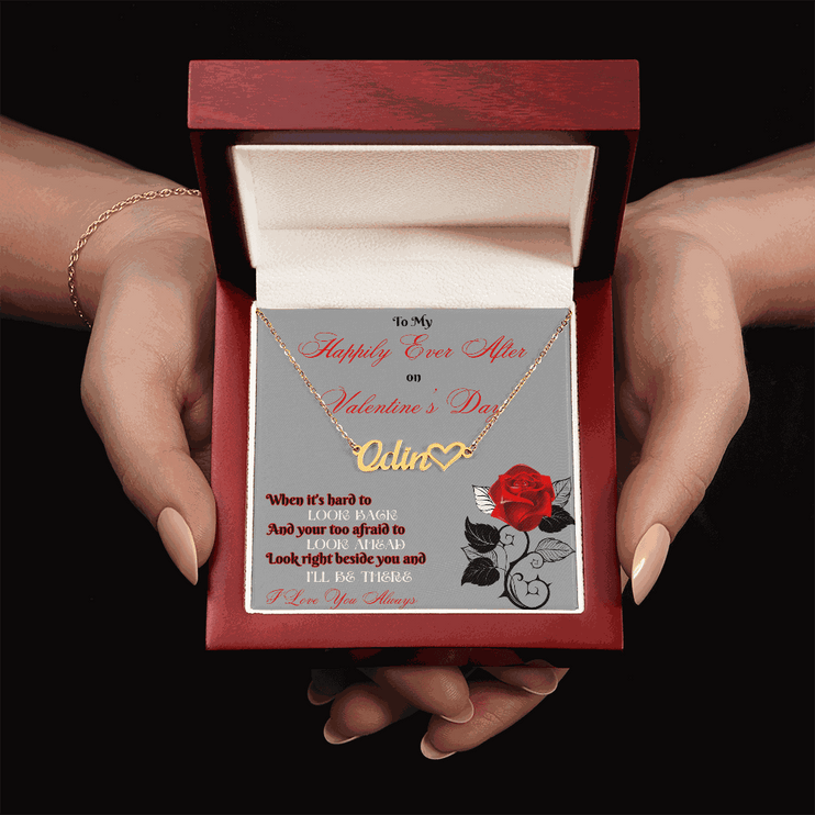 gold name heart necklace in mahogany box