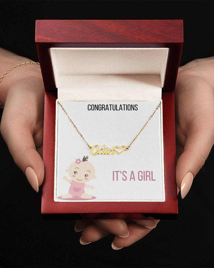 Name With Heart Necklace with yellow gold finish and mahogany box