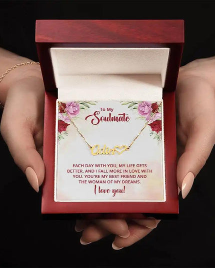Name Heart Necklace with a yellow gold finish and in a mahogany box angle 2