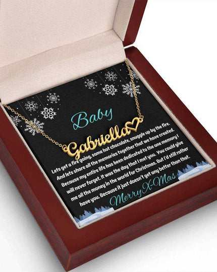 gold name heart necklace in luxury box angled to the left