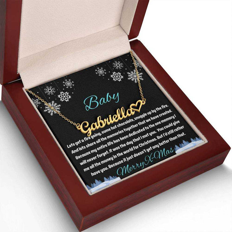 gold name heart necklace in luxury box angled to the left