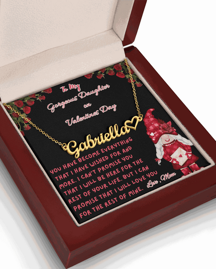 yellow gold name heart necklace in a luxury box angled left