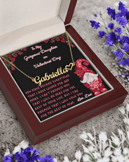 yellow gold name heart necklace in a luxury box angled to the left