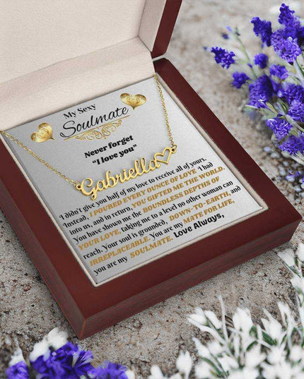 18k name heart necklace in a luxury box angled left