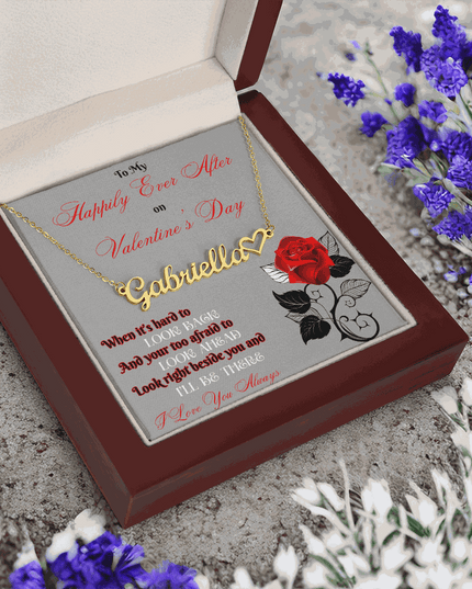 gold name heart necklace in mahogany box with flowers
