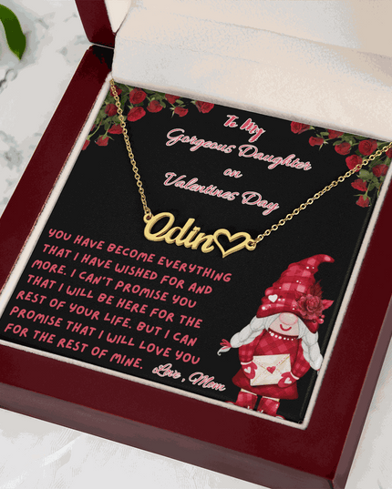 yellow gold name heart necklace in a luxury box angled left