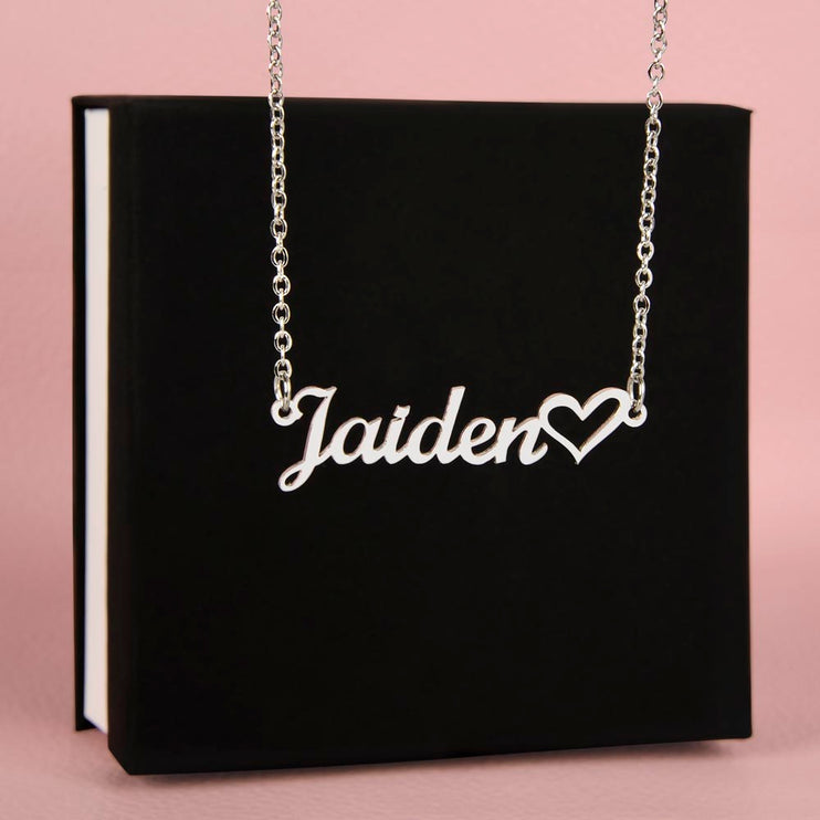 silver variant name with heart necklace on standard box