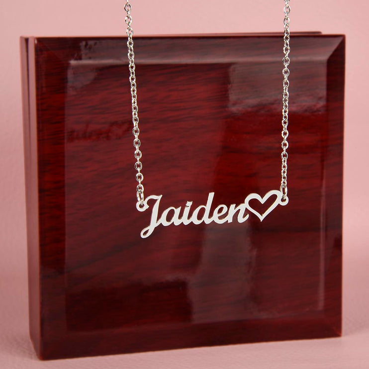 name with heart necklace on closed mahogany box with silver variant