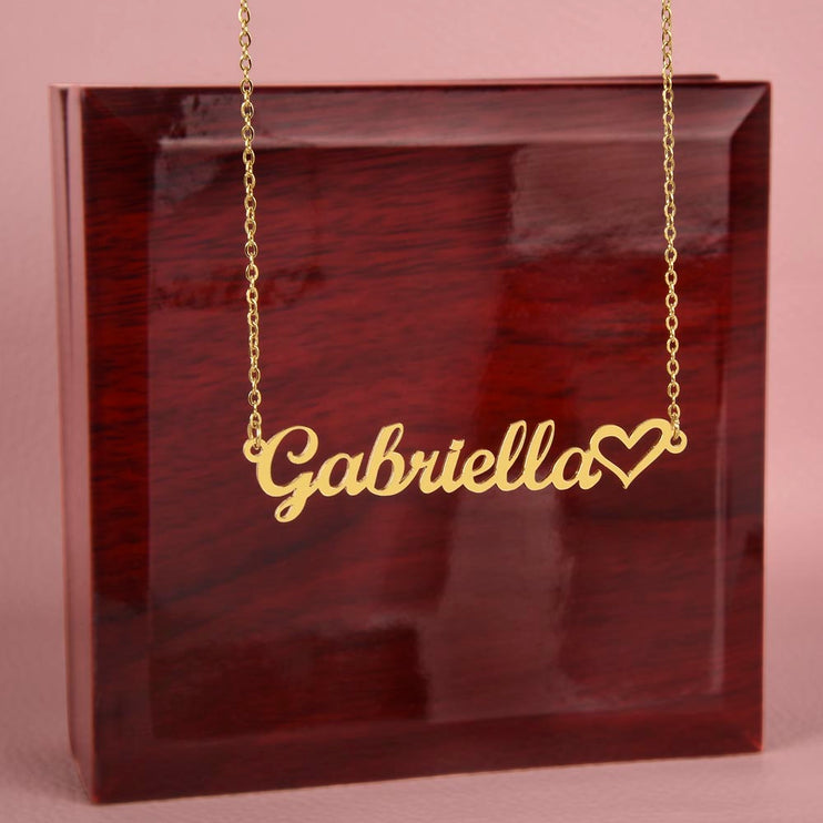 gold variant name with heart necklace in mahogany box 
