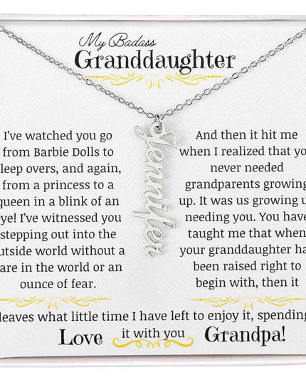a polished stainless-steel vertical name necklace up close.
