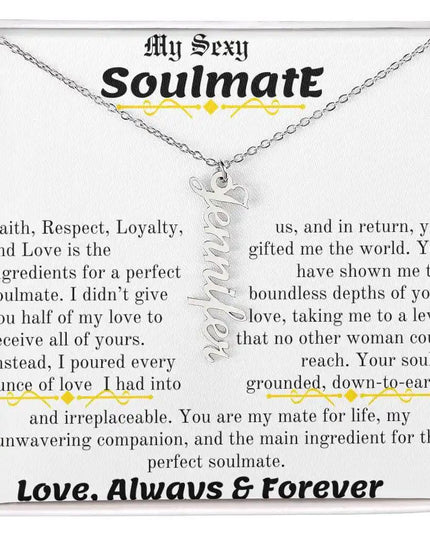 a polished stainless steel vertical name necklace