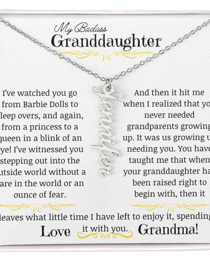 a polished stainless-steel vertical name necklace up close