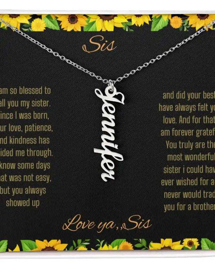 Vertical Name Necklace with a polished stainless-steel finish on a To Sis From Sis greeting card close up
