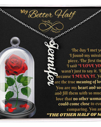 polished stainless steel vertical name necklace in soft box up close
