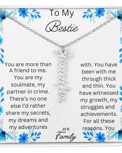 vertical name necklace in standard box with to my bestie message card with silver variant