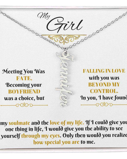 polished stainless-steel vertical name necklace in a soft box up close