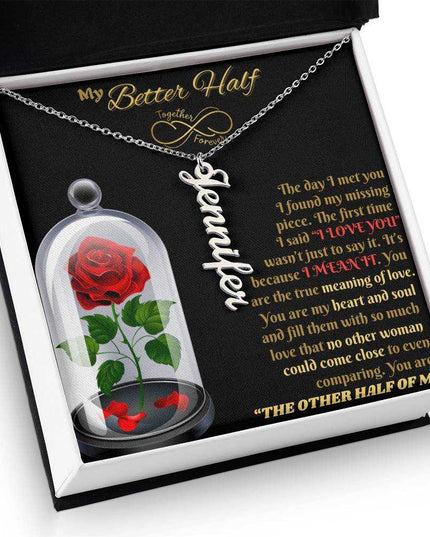 polished stainless steel vertical name necklace in soft box