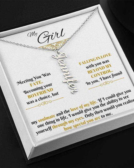 polished stainless-steel vertical name necklace in a soft box angled left
