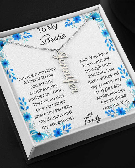 vertical name necklace in standard box with to my bestie message card with silver variant side angle photo