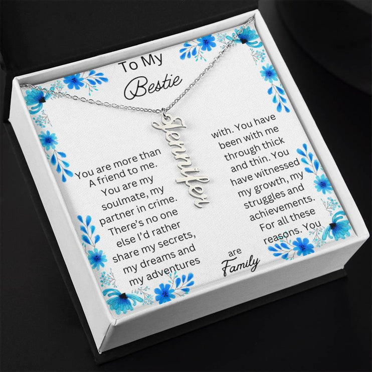 vertical name necklace in standard box with to my bestie message card with silver variant side angle photo