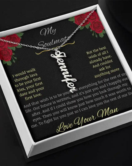 Vertical Name Necklace in polished stainless steel with a two-tone box angle 2
