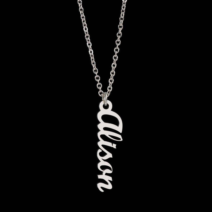 polished stainless-steel vertical name necklace on a black background