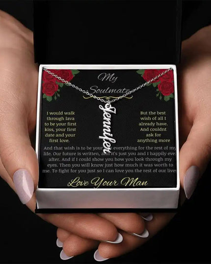 Vertical Name Necklace in polished stainless steel with a two-tone box angle 3