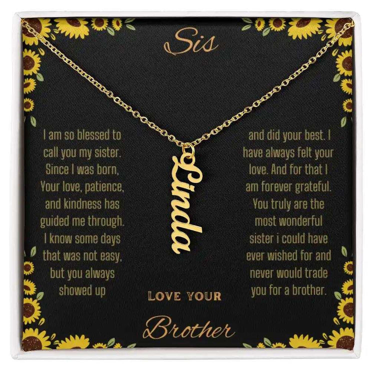 Vertical Name Necklace with a yellow gold finish charm on a to sis from brother greeting card