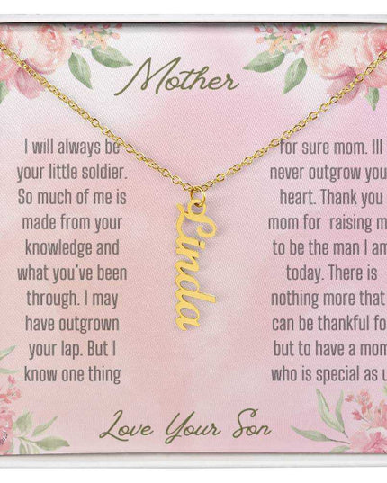 A yellow gold finish vertical name necklace.