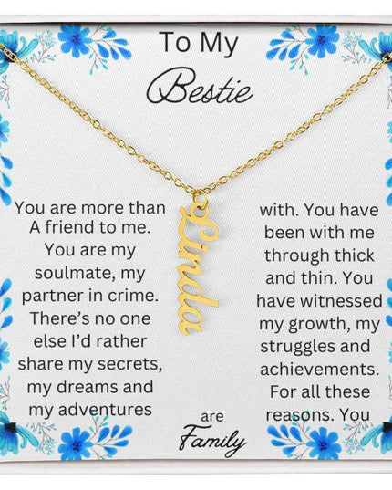 vertical name necklace in standard box with to my bestie message card and gold variant photo up close