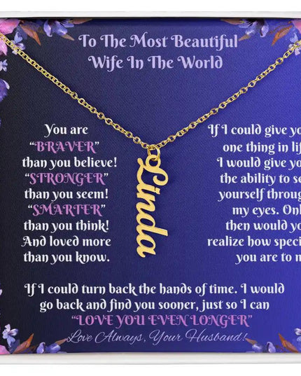 gold vertical name necklace in two-tone box